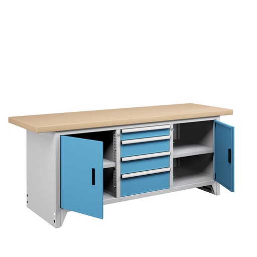 [023684] Banco compacto con encimera de haya, 4 cajones, 2 puertas y 2 estantes - Dim.: 2000x750x840h mm - Gris ral 7035 y Azul ral 5012