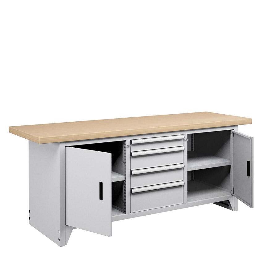 [023685] Banco compacto con encimera de haya, 4 cajones, 2 puertas y 2 estantes - Dim.: 2000x750x840h mm - Gris ral 7035