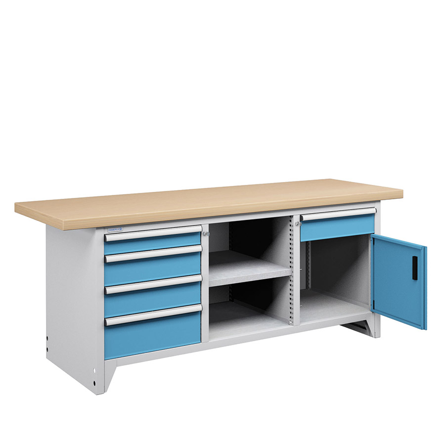 [023686] Banco compacto con encimera de haya, 5 cajones, 1 puertas y 1 estantes - Dim.: 2000x750x840h mm - Gris ral 7035 y Azul ral 5012