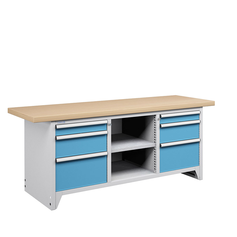 [023688] Banco compacto con encimera de haya, 6 cajones y 1 estante - Dim.: 2000x750x840h mm - Gris ral 7035 y Azul ral 5012