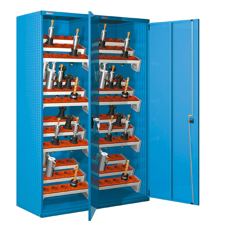 [023731] Armario metálico para CNC con puertas y 24 bandejas extraíbles - Dim.: 1290x635x2000h mm - Azul ral 5012