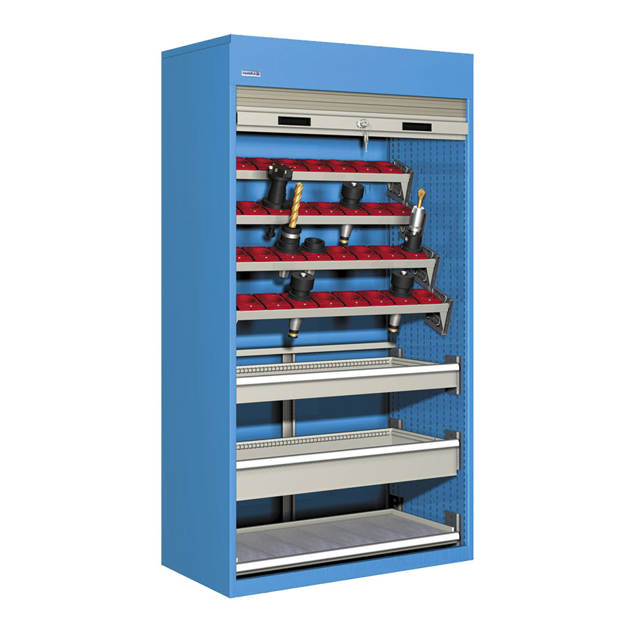 [023747] Armario de persiana, para herramientas de CNC, 4 bandejas, 1 estante y 2 cajones - Dim.: 1040x635x2000h mm - Azul ral 5012