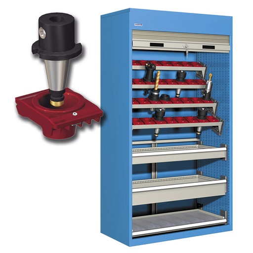 [023751] Armario de persiana, para herramientas de CNC, 4 bandejas, 1 estante y 2 cajones - Dim.: 1040x635x2000h mm - Azul ral 5012