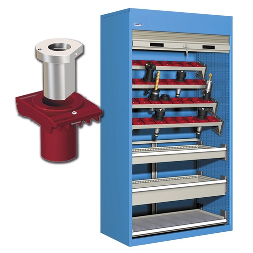 [023759] Armario de persiana, para herramientas de CNC, 4 bandejas, 1 estante y 2 cajones - Dim.: 1040x635x2000h mm - Azul ral 5012
