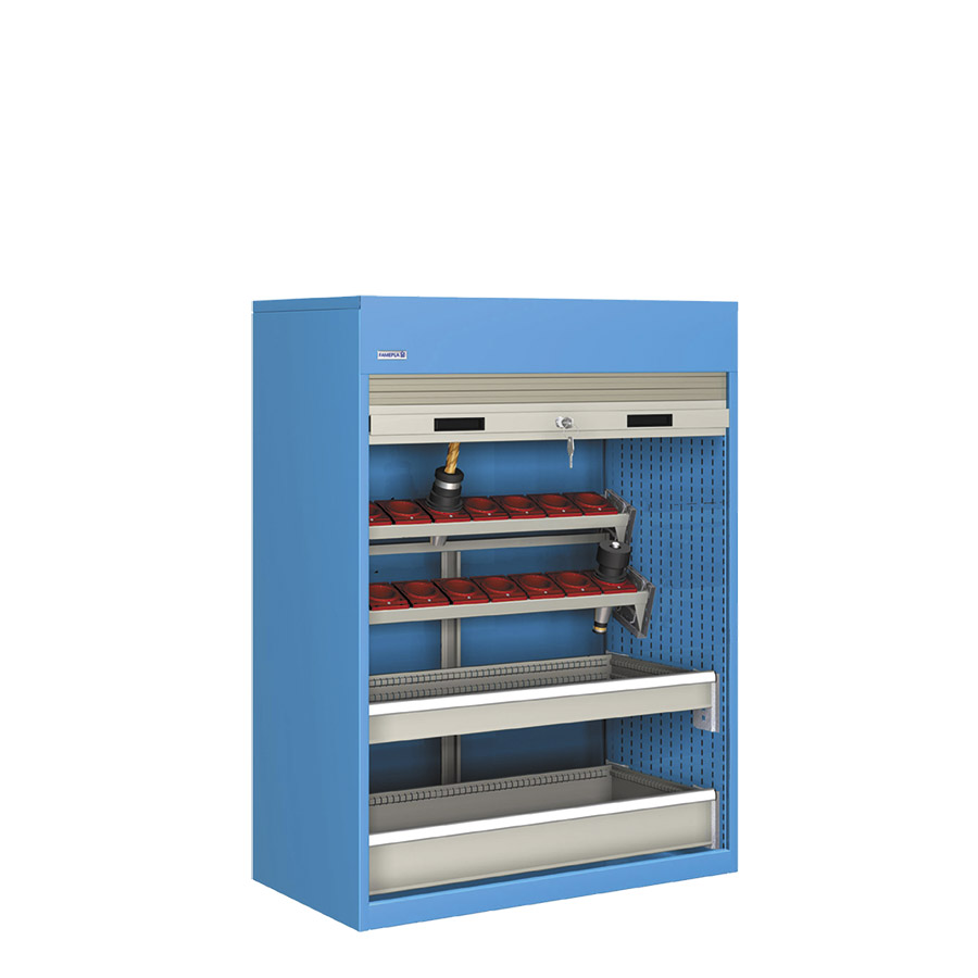 [023773] Armario de persiana, para herramientas de CNC, 2 bandejas inclinadas y 2 cajones - Dim.: 1040x635x1450h mm - Azul ral 5012