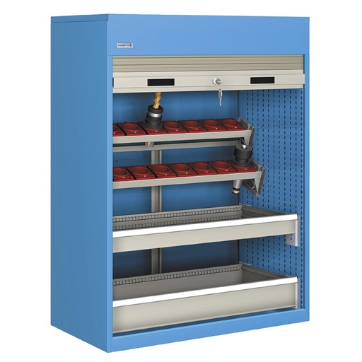 [023773] Armario de persiana, para herramientas de CNC, 2 bandejas inclinadas y 2 cajones - Dim.: 1040x635x1450h mm - Azul ral 5012