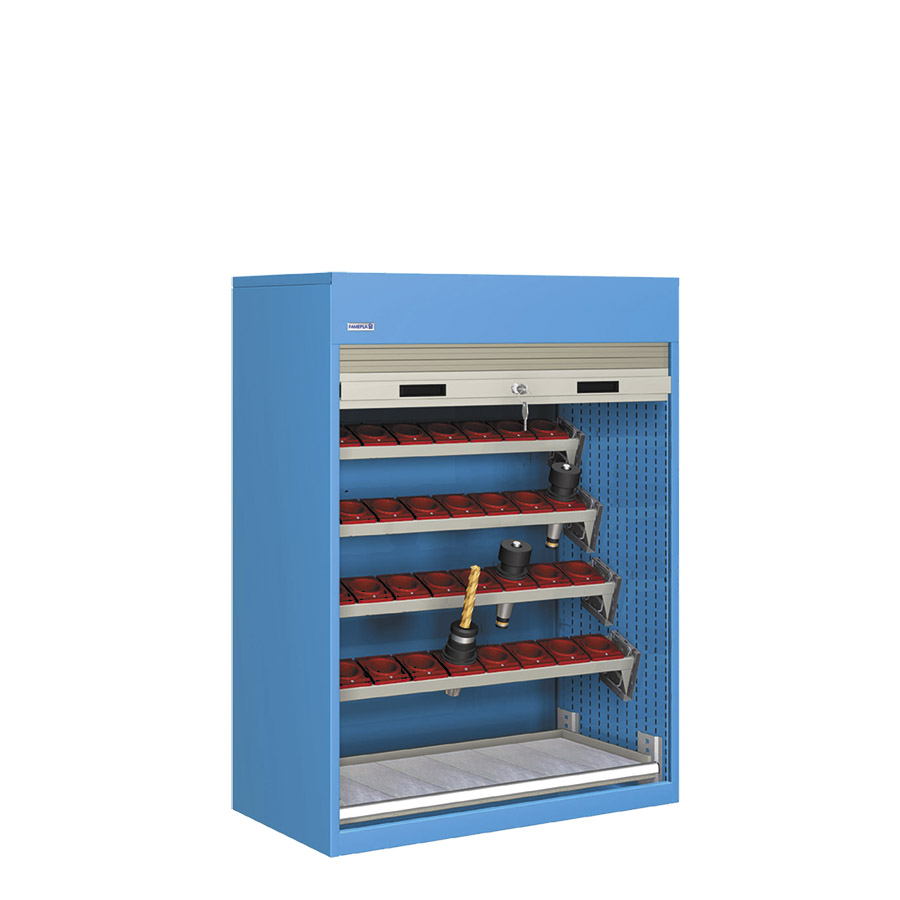 [023787] Armario de persiana, para herramientas de CNC, 4 bandejas inclinadas y 1 estante - Dim.: 1040x635x1450h mm - Azul ral 5012