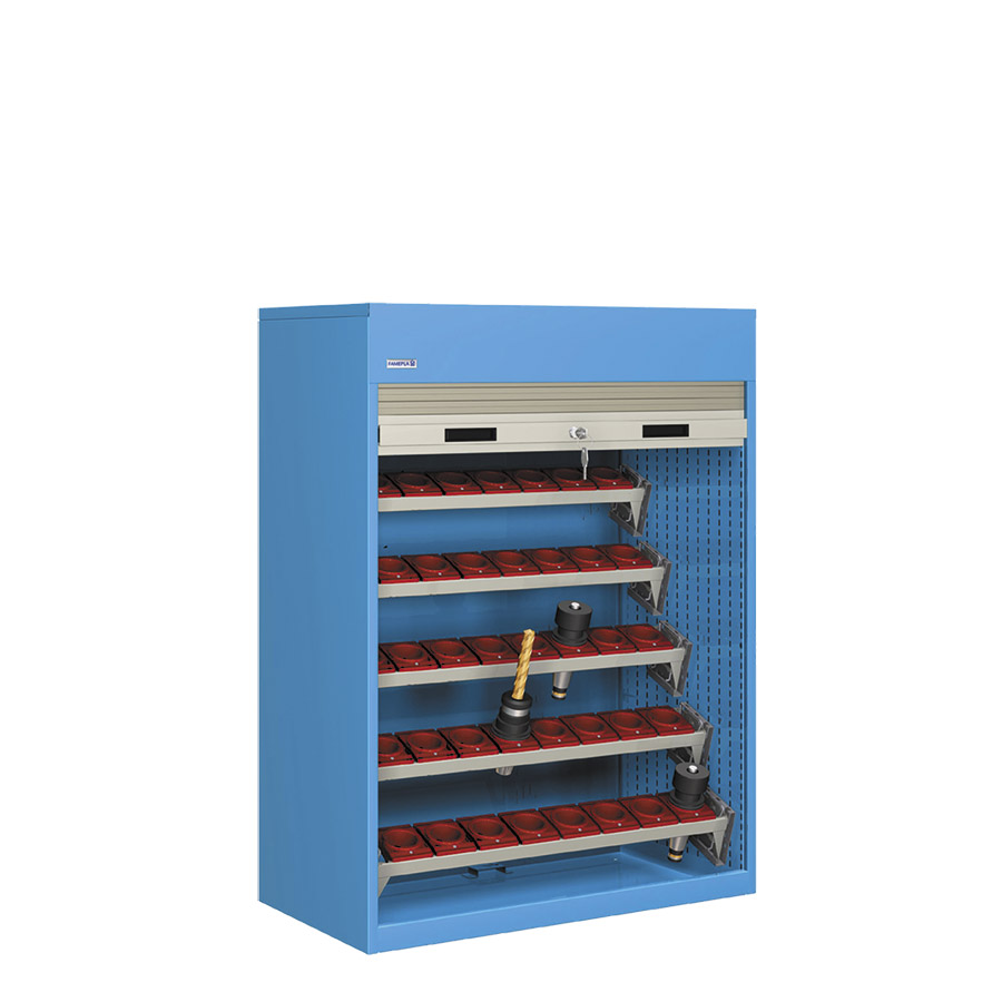 [023801] Armario de persiana, para herramientas de CNC, 5 bandejas extraíbles en ángulo - Dim.: 1040x635x1450h mm - Azul ral 5012