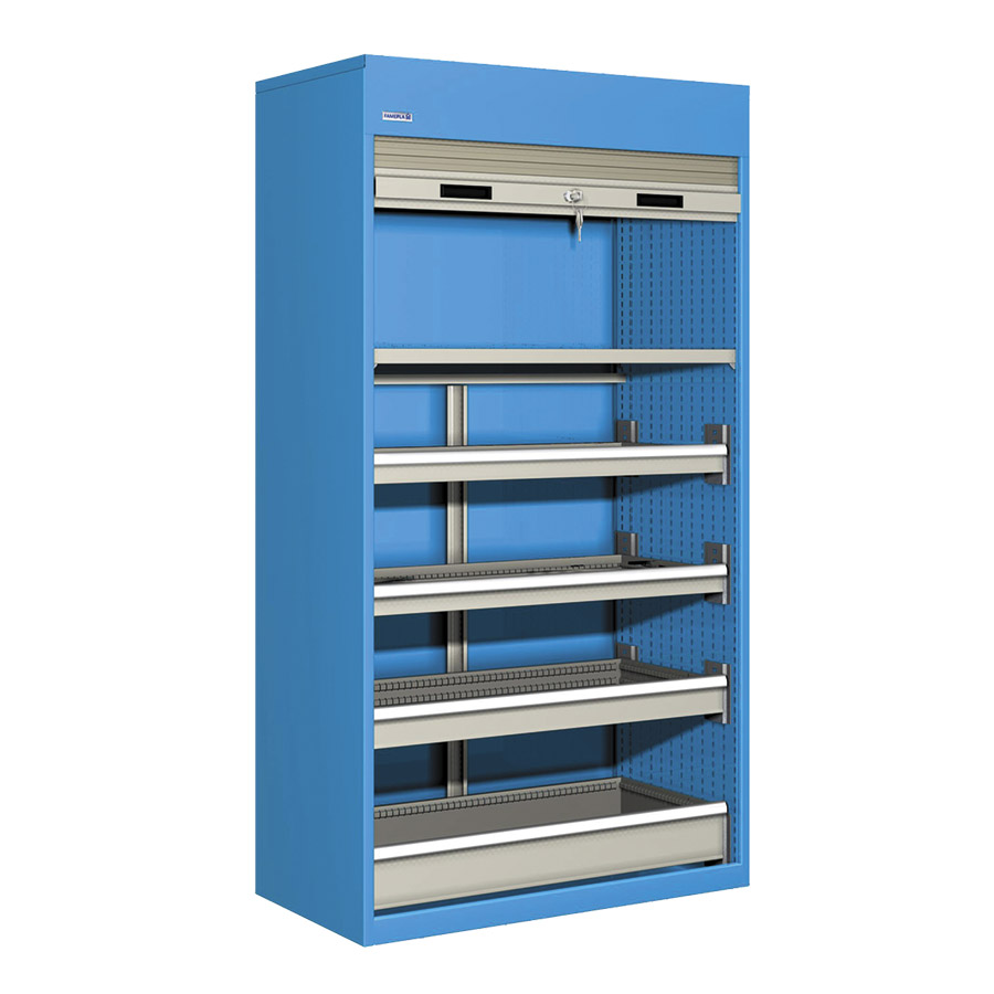 [023812] Armario de persiana con 1 estante y 4 cajones - Dim.: 1040x635x2000h mm - Azul ral 5012