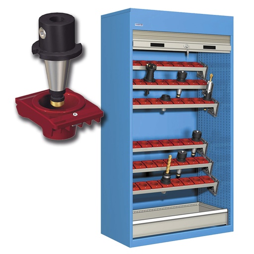 [023825] Armario de persiana, para herramientas de CNC, 6 bandejas inclinadas y 1 cajón - Dim.: 1040x635x2000h mm - Azul ral 5012