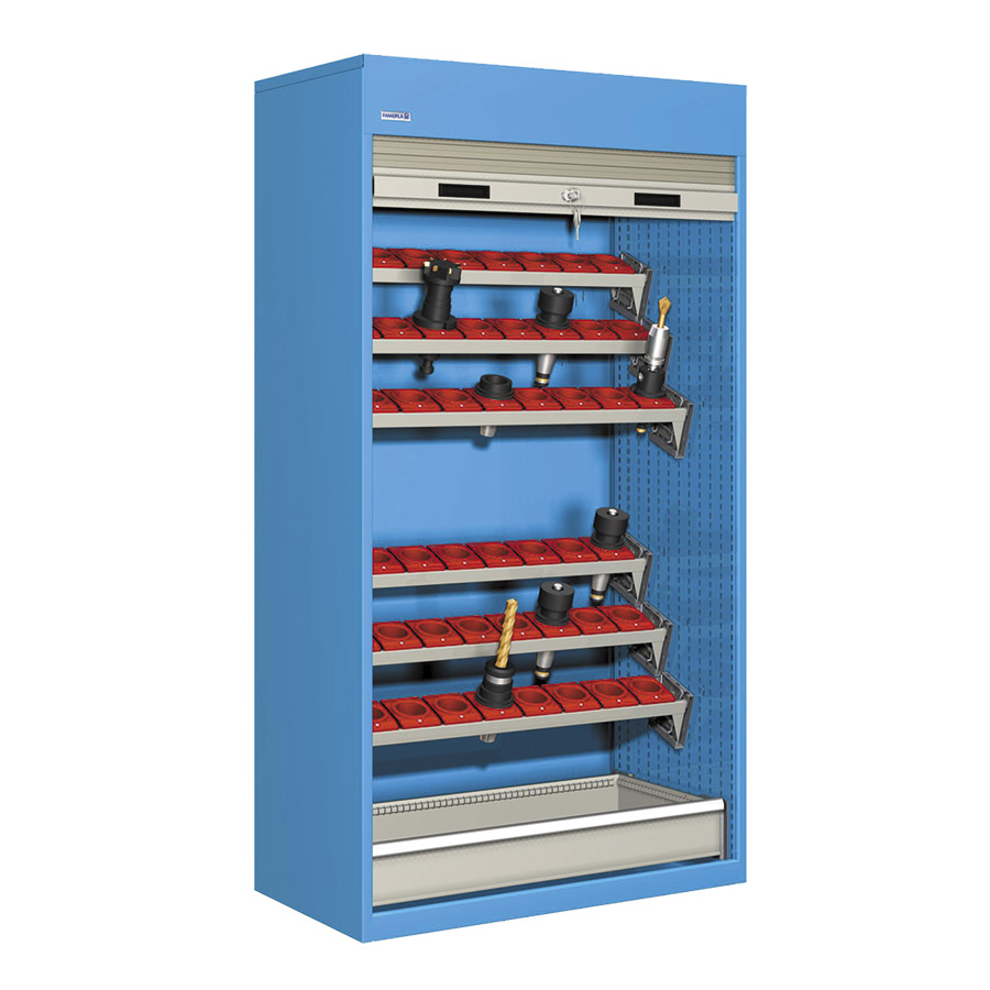 [023827] Armario de persiana, para herramientas de CNC, 6 bandejas inclinadas y 1 cajón - Dim.: 1040x635x2000h mm - Azul ral 5012