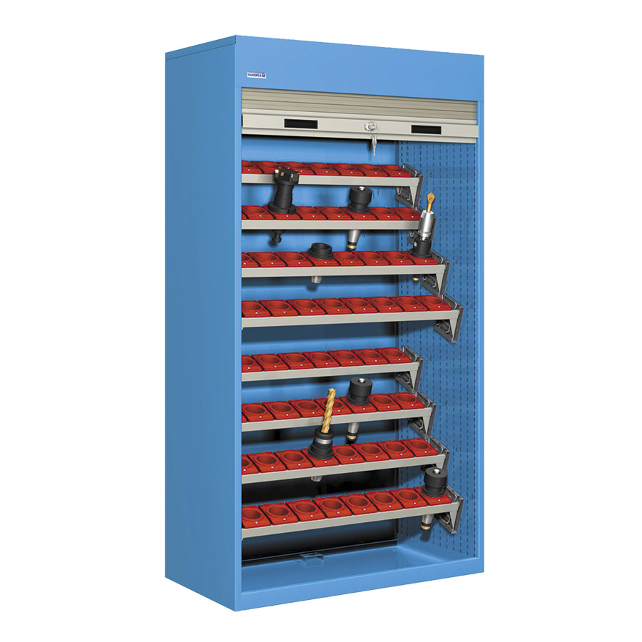 [023841] Armario de persiana, para herramientas de CNC, 8 bandejas extraíbles en ángulo - Dim.: 1040x635x2000h mm - Azul ral 5012