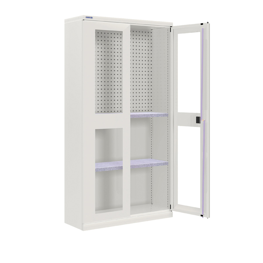 [024285] Armario metálico de puertas batientes con ventana, panel perforado y 2 estantes - Dim.: 1026x400x2000h mm - Gris ral 7035