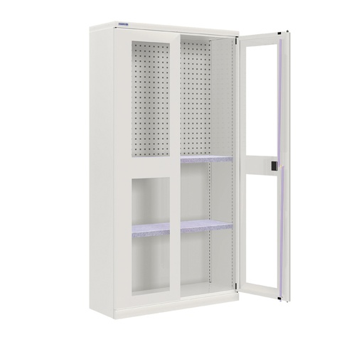 [024285] Armario metálico de puertas batientes con ventana, panel perforado y 2 estantes - Dim.: 1026x400x2000h mm - Gris ral 7035