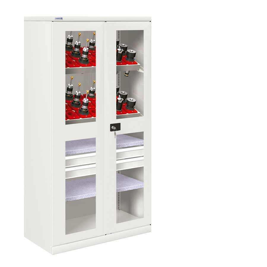 [024291] Armario metálico de puertas batientes con ventana para herramientas CNC - Dim.: 1026x555x2000h mm - Gris ral 7035