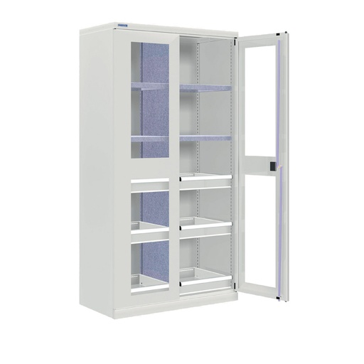 [024297] Armario metálico industrial con puertas con ventana, divisor, 4 estantes y 6 cajones - Dim.: 1026x555x2000h mm - Gris ral 7035