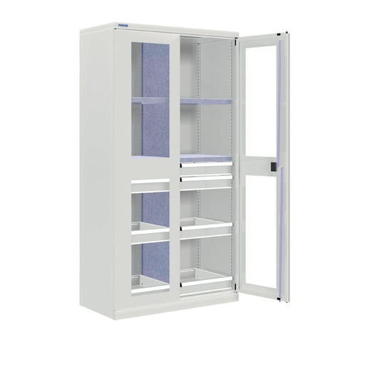 [024301] Armario metálico industrial con puertas con ventana, divisor, 4 estantes y 8 cajones - Dim.: 1026x555x2000h mm - Gris ral 7035