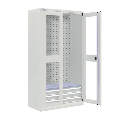 [024305] Armario metálico industrial con puertas con ventana, panel, 1 estante y 3 cajones - Dim.: 1026x555x2000h mm - Gris ral 7035