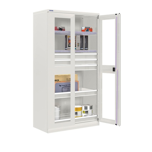 [024319] Armario metálico industrial con puertas con ventana, 2 estantes y 5 cajones telesc. - Dim.: 1026x555x2000h mm - Gris ral 7035