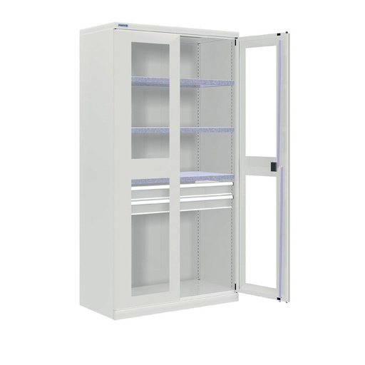 [024323] Armario metálico industrial con puertas con ventana, 3 estantes y 2 cajones telesc. - Dim.: 1026x555x2000h mm - Gris ral 7035