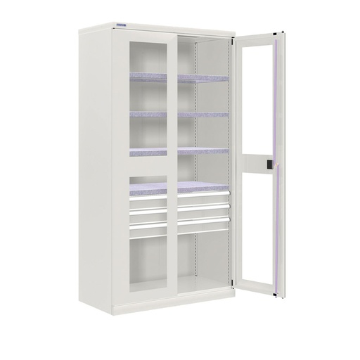 [024329] Armario metálico industrial con puertas con ventana, 4 estantes y 3 cajones telesc. - Dim.: 1026x555x2000h mm - Gris ral 7035