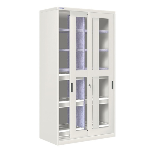 [024335] Armario de puertas correderas con divisor, 6 estantes y 4 cajones ext. simple - Dim.: 1026x600x2000h mm - gris ral 7035