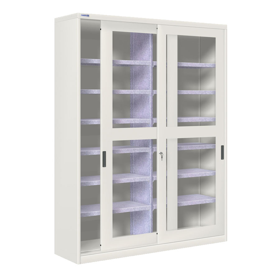 [024371] Armario de puertas correderas con ventana, divisor central y 12 estantes - Dim.: 1420x450x2000h mm - gris ral 7035