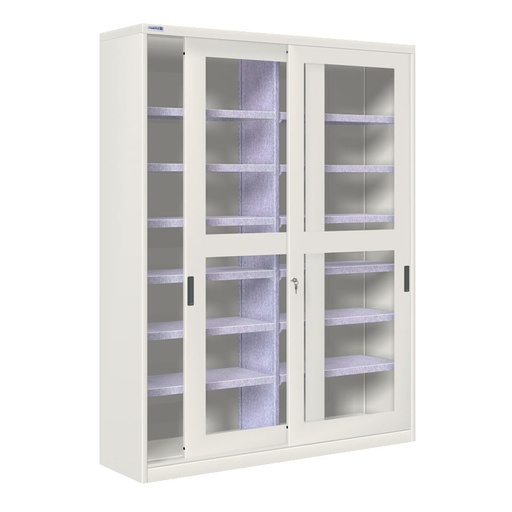 [024371] Armario de puertas correderas con ventana, divisor central y 12 estantes - Dim.: 1420x450x2000h mm - gris ral 7035