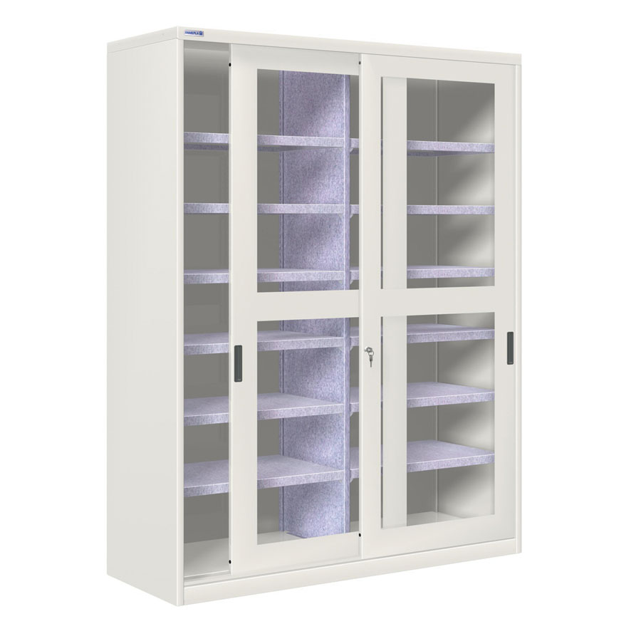 [024383] Armario de puertas correderas con ventana, divisor central y 12 estantes - Dim.: 1420x600x2000h mm - gris ral 7035