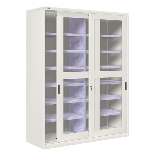 [024383] Armario de puertas correderas con ventana, divisor central y 12 estantes - Dim.: 1420x600x2000h mm - gris ral 7035