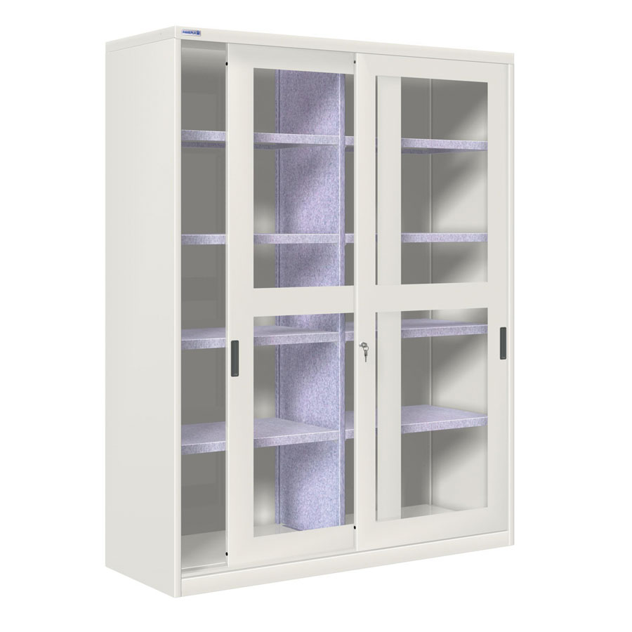 [024385] Armario de puertas correderas con ventana, divisor central y 8 estantes - Dim.: 1420x600x2000h mm - gris ral 7035