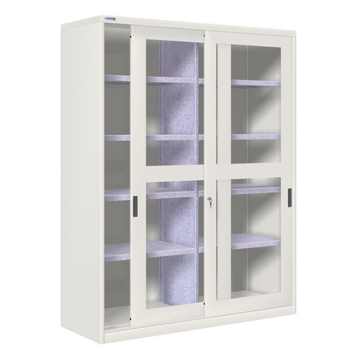 [024385] Armario de puertas correderas con ventana, divisor central y 8 estantes - Dim.: 1420x600x2000h mm - gris ral 7035
