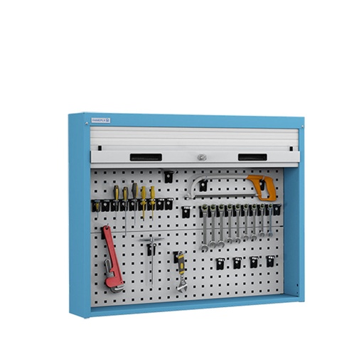 [024519] Armario metálico con persiana y paneles interiores perforados para herramientas - Dim.: 952x210x810h mm - Azul ral 5012 y gris ral 7035