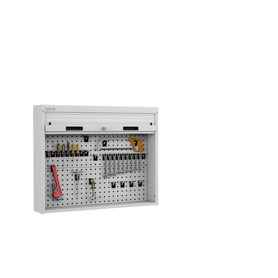 [024520] Armario metálico con persiana y paneles interiores perforados para herramientas - Dim.: 952x210x810h mm - Gris ral 7035