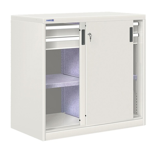 [024726] Armario de puertas correderas con divisor, 2 estantes y 4 cajones ext. total - Dim.: 1026x600x1000h mm - gris ral 7035