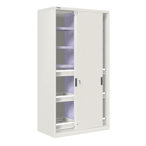 [024756] Armario de puertas correderas con divisor, 6 estantes y 6 cajones ext. simple - Dim.: 1026x600x2000h mm - gris ral 7035