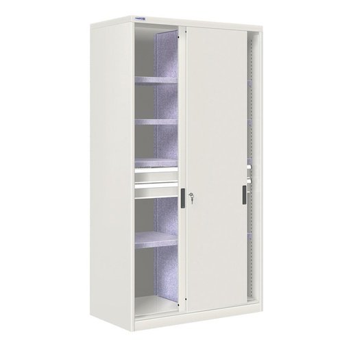[024764] Armario de puertas correderas con divisor, 8 estantes y 4 cajones ext. total - Dim.: 1026x600x2000h mm - gris ral 7035