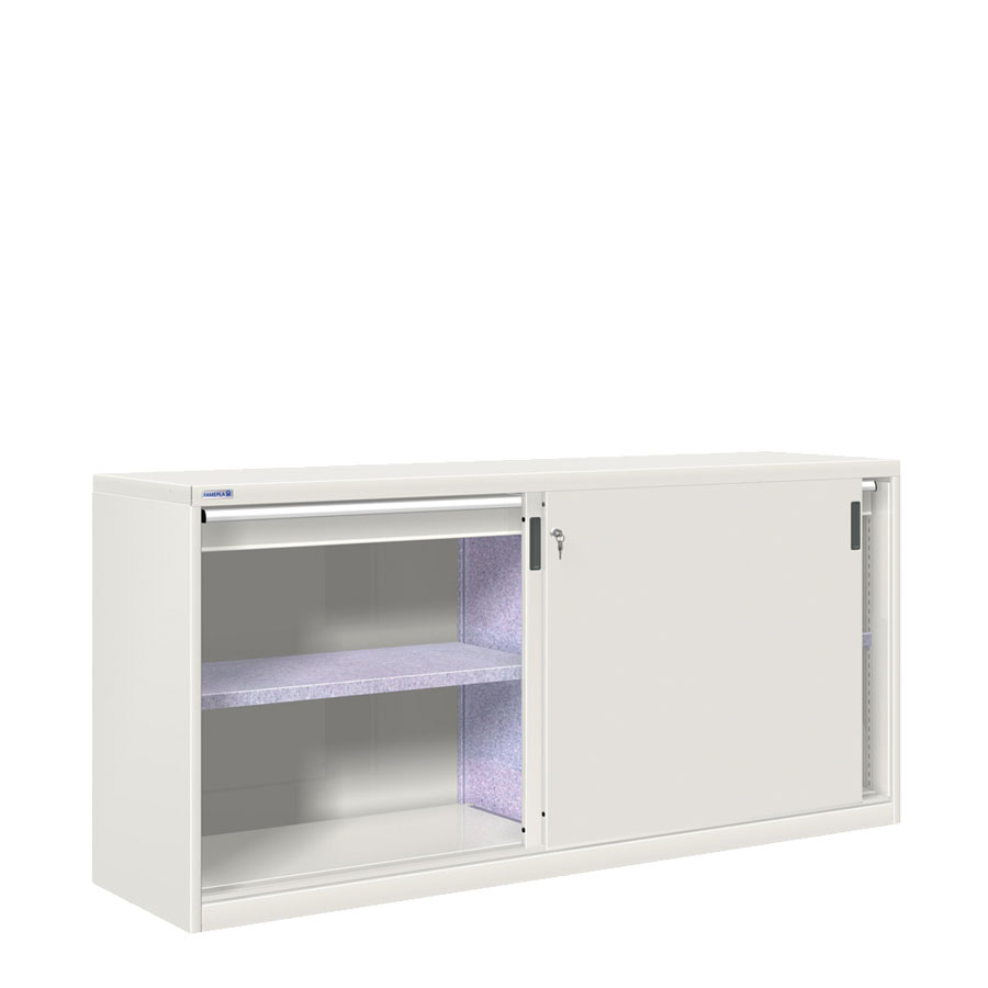 [024869] Armario de puertas correderas con divisor, 2 estantes y 2 cajones ext. total - Dim.: 2052x600x1000h mm - gris ral 7035