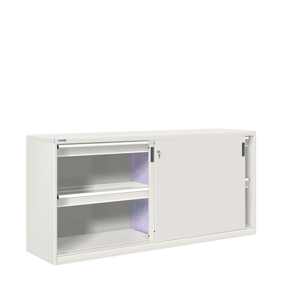 [024878] Armario de puertas correderas con divisor y 4 cajones extracción simple - Dim.: 2052x600x1000h mm - gris ral 7035