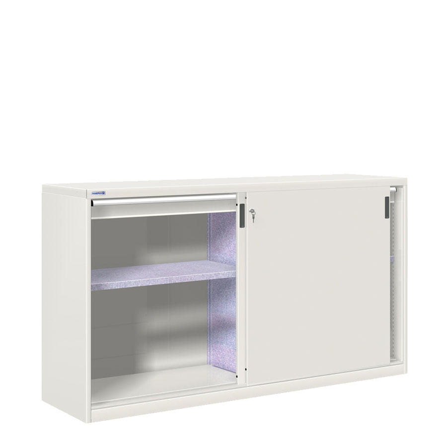 [024882] Armario de puertas correderas con divisor, 2 estantes y 2 cajones ext. simple - Dim.: 2052x600x1200h mm - gris ral 7035