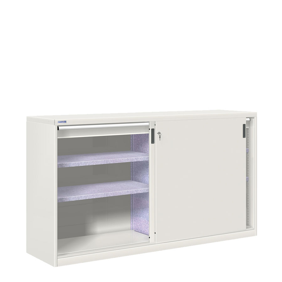 [024886] Armario de puertas correderas con divisor, 4 estantes y 2 cajones ext. simple - Dim.: 2052x600x1200h mm - gris ral 7035