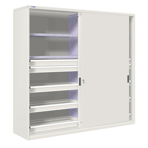 [024897] Armario de puertas correderas con divisor, 4 estantes y 10 cajones ext. total - Dim.: 2052x600x2000h mm - gris ral 7035