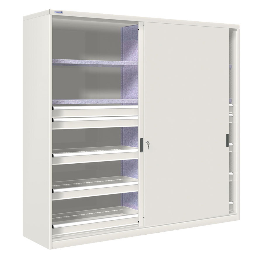 [024898] Armario de puertas correderas con divisor, 4 estantes y 10 cajones ext. simple - Dim.: 2052x600x2000h mm - gris ral 7035