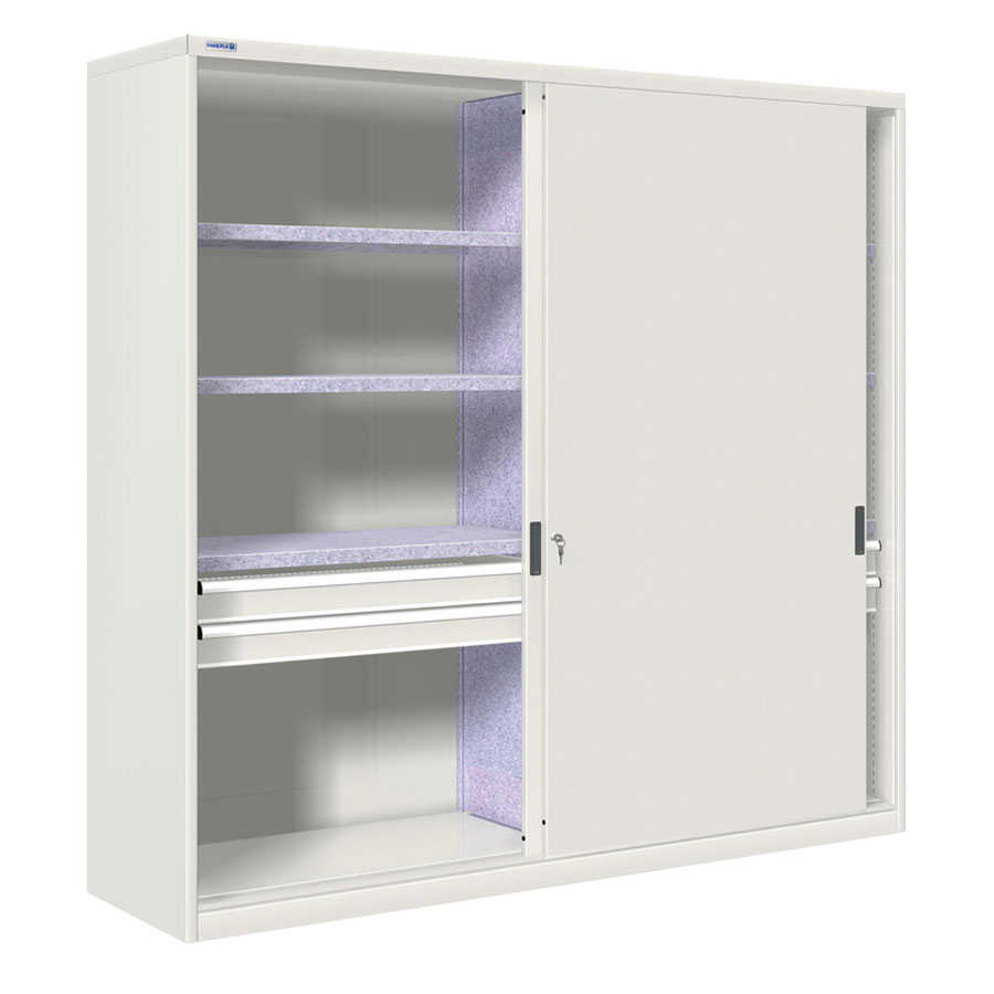 [024902] Armario de puertas correderas con divisor, 6 estantes y 4 cajones ext. total - Dim.: 2052x600x2000h mm - gris ral 7035