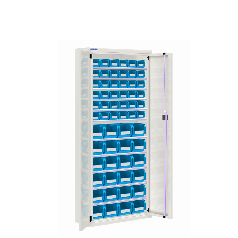[025140] Armario metálico de puertas batientes con 11 estantes regulables y 60 cajas - dim.: 700x270x1650h mm - Gris ral 7035