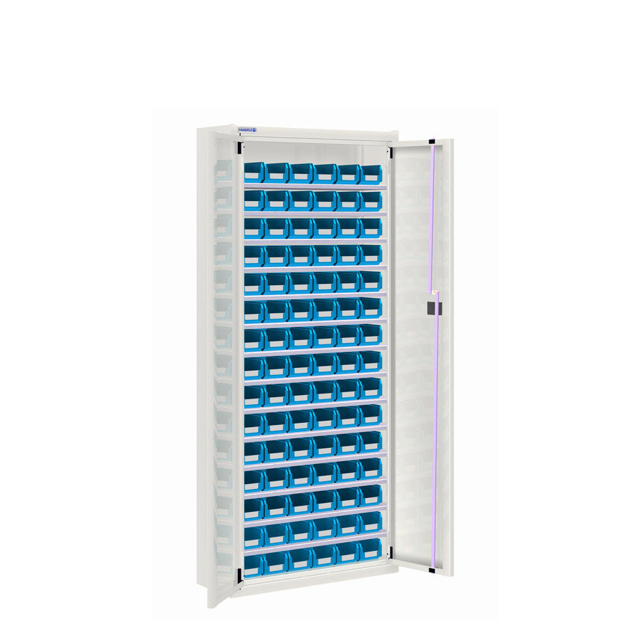 [025142] Armario metálico de puertas batientes con 14 estantes regulables y 90 cajas - dim.: 700x270x1650h mm - Gris ral 7035