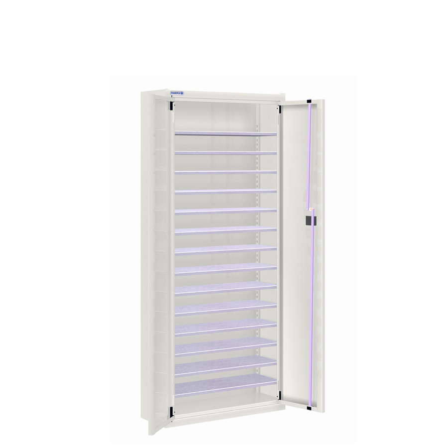 [025143] Armario metálico de puertas batientes con 14 estantes regulables (sin cajas) - dim.: 700x270x1650h mm - Gris ral 7035