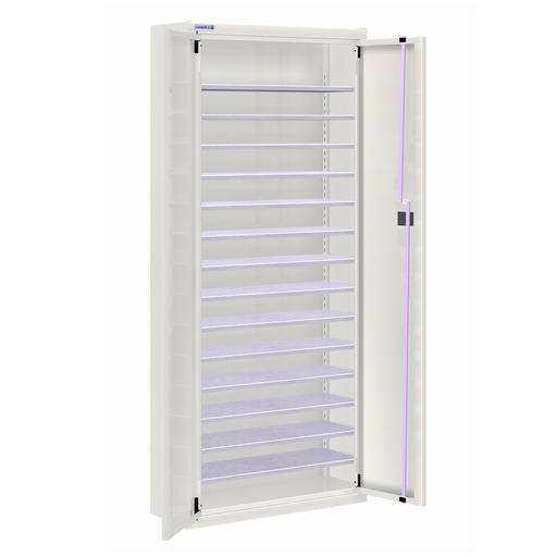 [025143] Armario metálico de puertas batientes con 14 estantes regulables (sin cajas) - dim.: 700x270x1650h mm - Gris ral 7035
