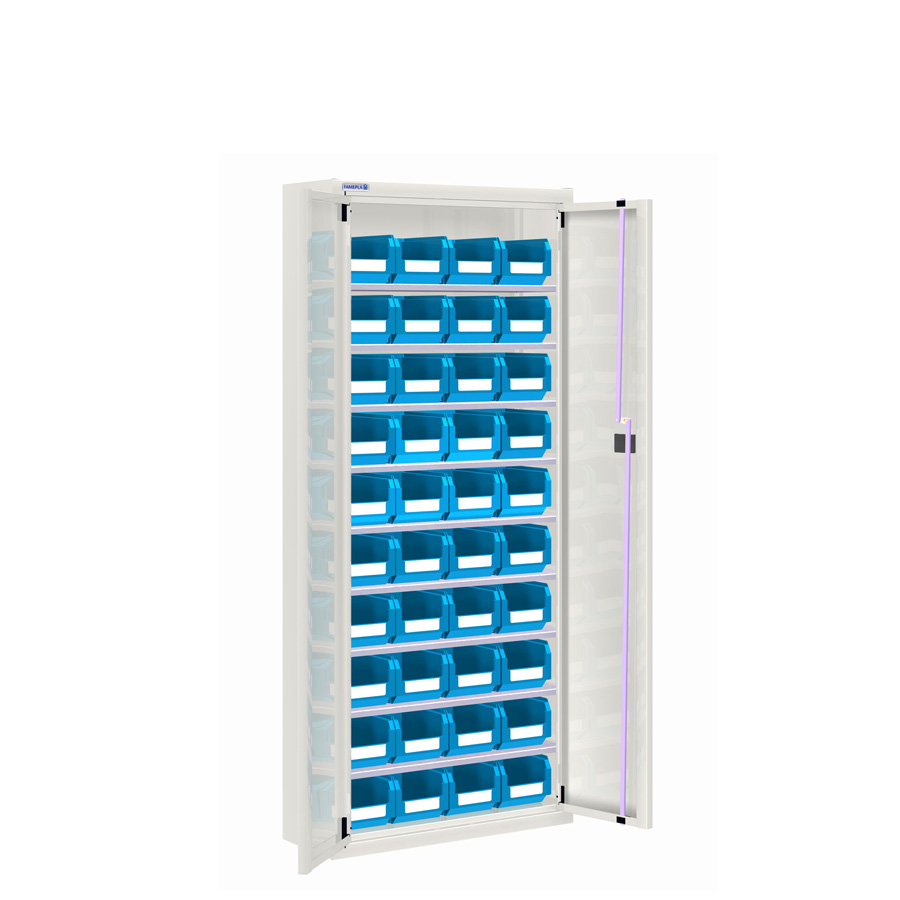 [025144] Armario metálico de puertas batientes con 9 estantes regulables y 40 cajas - dim.: 700x270x1650h mm - Gris ral 7035