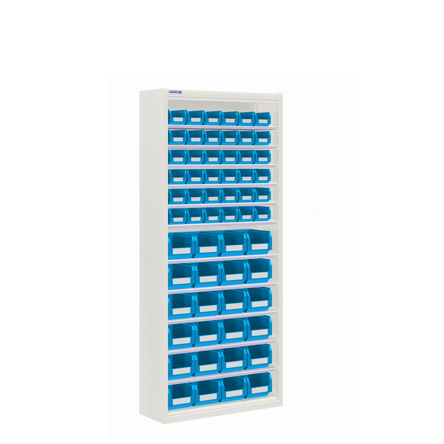 [025148] Armario metálico porta cajas sin puertas con 11 estantes regulables y 60 cajas - dim.: 700x270x1650h mm - Gris ral 7035